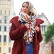 Female model wears Lisa Angel Blue and Yellow Check Blanket Scarf and looks away from camera