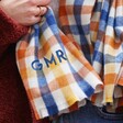 Close Up of Personalisation for Personalised Embroidered Blue and Yellow Check Blanket Scarf