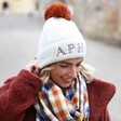 Model Wearing Personalised Natural Marled Winter Hat with Pom Pom