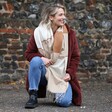 Model Wearing Lisa Angel Personalised Soft Lightweight Beige and Camel Scarf
