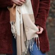 Close up of Personalised Soft Lightweight Beige and Camel Scarf on model