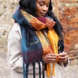 Female Model Wearing Personalised Thick Burgundy, Navy and Mustard Winter Scarf