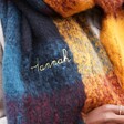 Close Up of Model Wearing Personalised Thick Burgundy, Navy and Mustard Winter Scarf