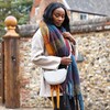 Female Model Wearing Thick Burgundy, Navy and Mustard Winter Scarf