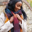 Model Wearing Colourful Thick Burgundy, Navy and Mustard Winter Scarf