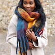 Model Wearing Oversized Thick Burgundy, Navy and Mustard Winter Scarf