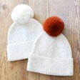 Natural Marled Winter Hat with Cream Pom Pom With Terracotta 