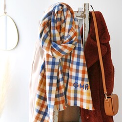 Personalised Embroidered Blue and Yellow Check Blanket Scarf