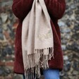 Model Wearing Personalised Embroidered Lambswool Scarf in Camel