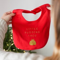 Personalised Christmas Pudding Cotton Baby Bib in Red