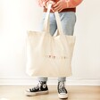 Personalised Embroidered Rainbow Wording Organic Cotton Tote Bag with Model