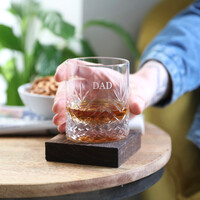 Personalised Vintage Style Etched Whisky Tumbler with Wooden Base