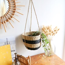 Sass & Belle Black Striped Seagrass Hanging Planter, H15cm