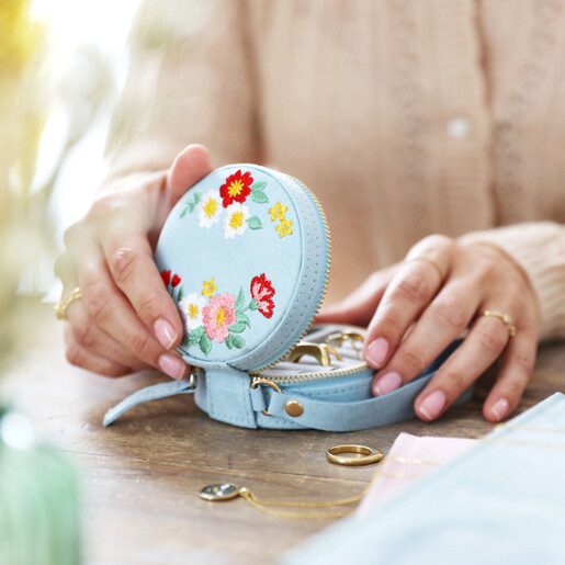 Mini Round Velvet Jewellery Case with Embroidered Flowers