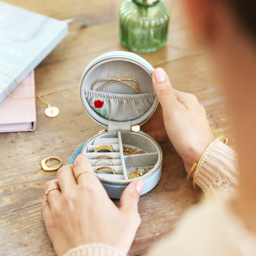 Embroidered Flowers Mini Round Velvet Jewellery Case with Jewellery