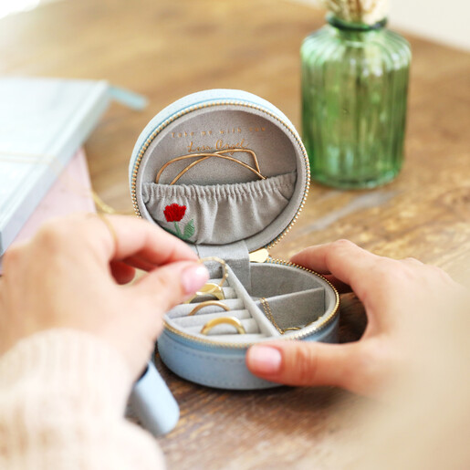 Open Embroidered Flowers Mini Round Velvet Jewellery Case