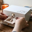 Model With Personalised Cursive Initials White Embroidered Jewellery Box