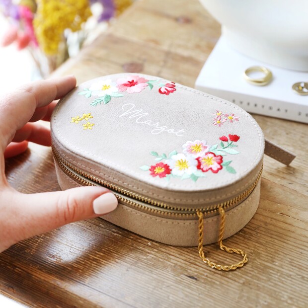 Personalised Embroidered Flowers Oval Velvet Jewellery Case Personalised Embroidered Flowers Oval Velvet Jewellery Case