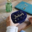 Model Holding Navy Personalised Starry Night Velvet Oval Jewellery Case