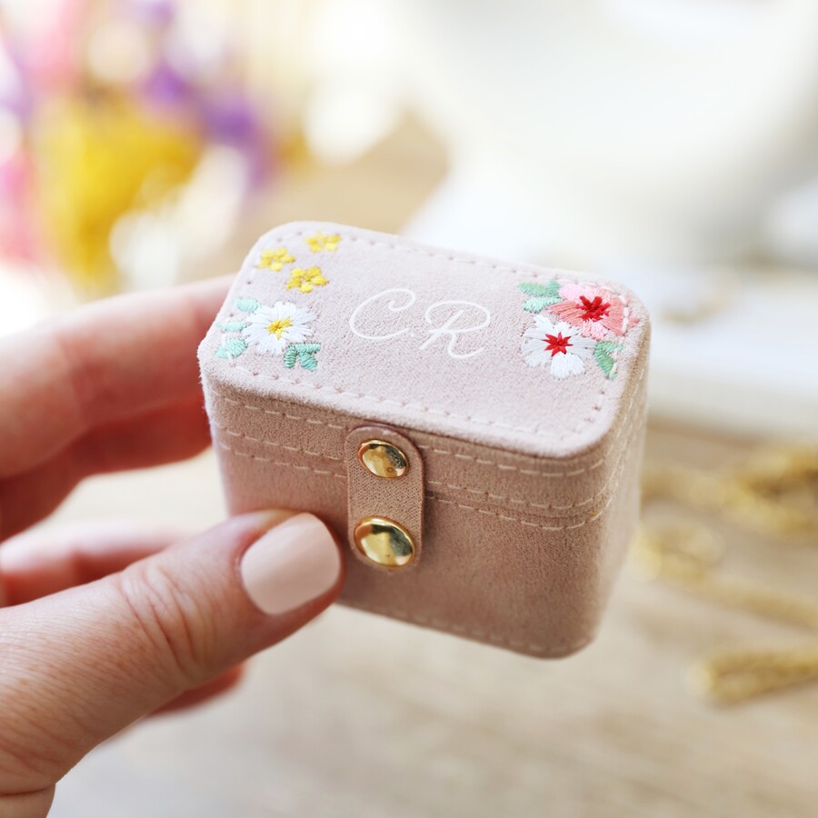 Personalised Embroidered Flowers Velvet Ring Box