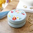 Pretty Blue Personalised Embroidered Flowers Mini Round Velvet Jewellery Case
