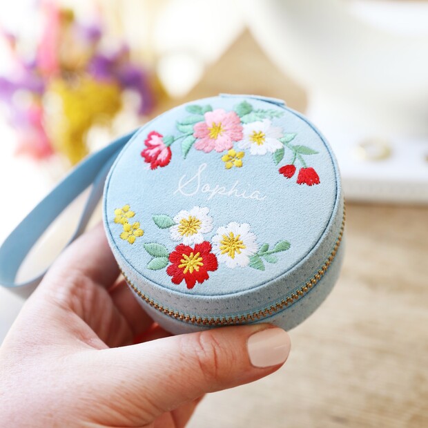 Personalised Embroidered Flowers Mini Round Velvet Jewellery Case Personalised Embroidered Flowers Mini Round Velvet Jewellery Case