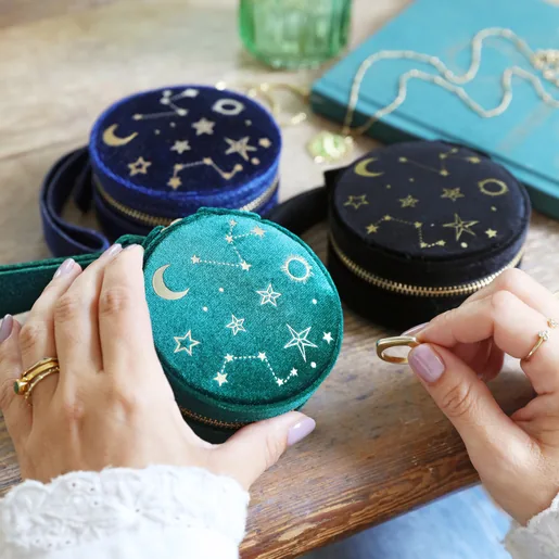 Lisa Angel Starry Night Velvet Mini Round Jewellery Case in Black, Teal and Navy