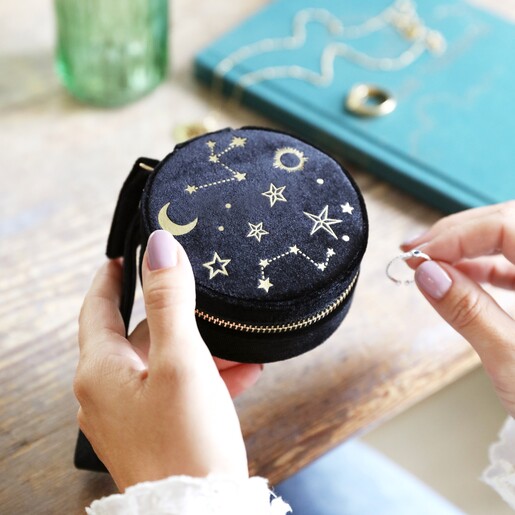 Starry Night Velvet Mini Round Jewellery Case in Black From Lisa Angel