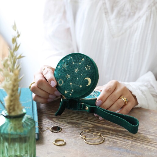 Starry Night Velvet Mini Round Jewellery Case in Teal with Model