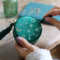 Starry Night Velvet Mini Round Jewellery Case in Teal