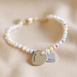 Delicate Personalised Double Heart Miyuki Bead and Freshwater Seed Pearl Bracelet on Fabric