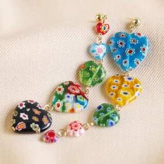 Asymmetrical Millefiori Heart Bead Drop Earrings