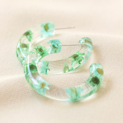 Blue & Green 30MM Resin Floral Hoop Earrings