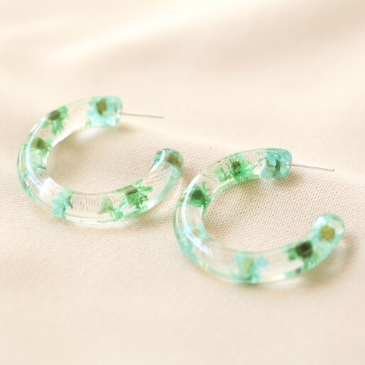 Blue & Green 30MM Resin Floral Hoop Earrings