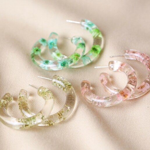 Dried Flower Resin Hoop Earrings in Green, Pink and Natural