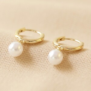 Glass Pearl Huggie Hoop Earrings in Gold