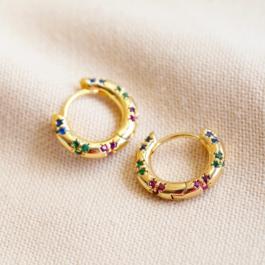 Thick Gold Rainbow Crystal Huggie Hoop Earrings | Lisa Angel