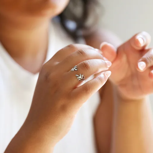 Lisa Angel Adjustable Stainless Steel Fern Leaf Ring on Model