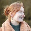 Model Wearing Asymmetrical Colourful Heart Bead Drop Earrings