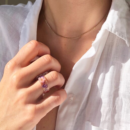 Woman Wearing Bright Dried Flower Resin Ring