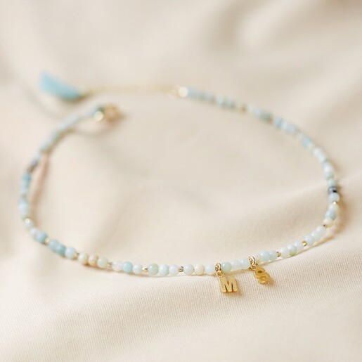 Personalised Letter Charms Semi-Precious Stone Beaded Necklace in Pastel Green