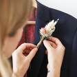 UK Made Vintage Pink Dried Flower Buttonhole on Navy Suit