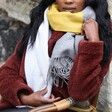 Grey and Mustard Knitted Winter Scarf on Model