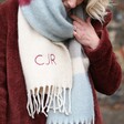 Model Wearing Personalised Burgundy and Grey Colour Block Winter Scarf