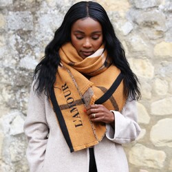 Personalised Embroidered Check Blanket Scarf in Light Brown