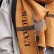 Close Up of Personalised Embroidered Check Blanket Scarf in Light Brown