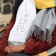 Close Up of Personalised Year Grey and Mustard Knitted Winter Scarf