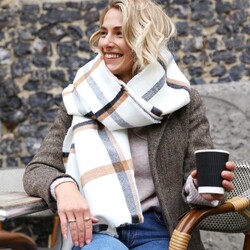 White and Beige Plaid Blanket Scarf