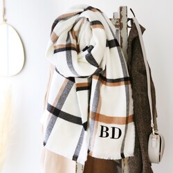 Personalised White and Beige Plaid Blanket Scarf