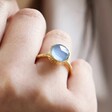Close Up of Model Wearing Adjustable Blue Chalcedony Stone Ring in Gold
